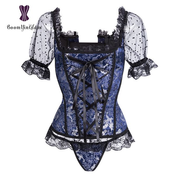 

women's bustier lingerie vintage boned shaping costume puff sleeves corset lace up ball dress 943#, Black;white