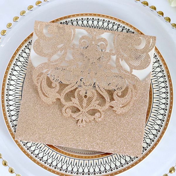 

Luxury Glittery Wedding Invites Rose Gold Blank Shimmy Die Cut Dinner Invitation Cards Silver Party Invitations Free Shipping