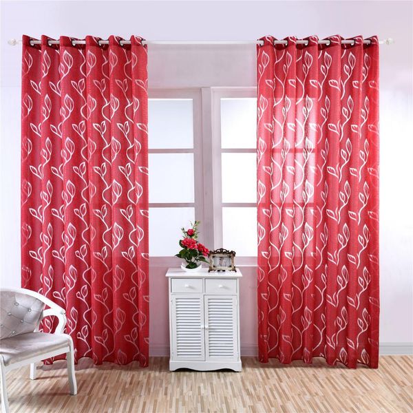 

2pcs 100x250cm leaves pattern window curtain sheer voile tulle curtain red