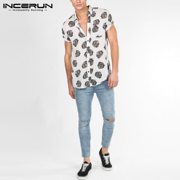 

incerun social men shirt hawaiian tropical short sleeve dress men retro rose male clothes casual shirts hombre big 5xl, White;black