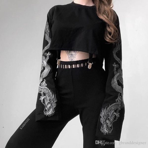 

конструктор dark dragon печати sweaterner женщин вскользь короткие толстовки crew neck с длинным рукавом одежда осень, Black