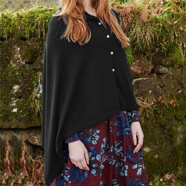 

ga@2019 klv women cloak black blue wine solid long batwing sleeve button stand irregular hem cloak, Black;brown
