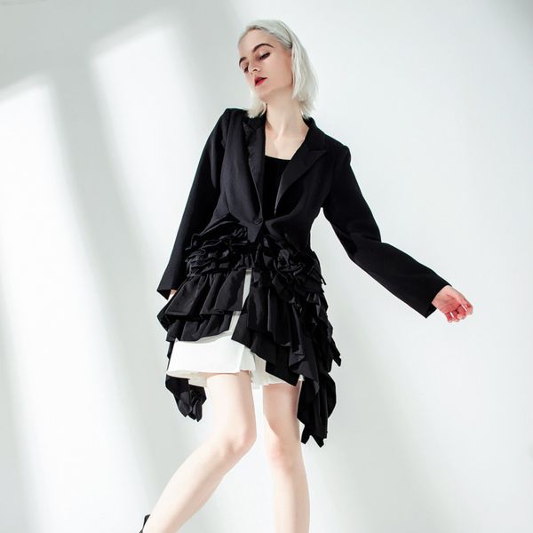 

ewq] 2020 spring autumn new pattern single button asymmetrical patchwork gothic loose suit coat women fashion tdie ag36101, White;black