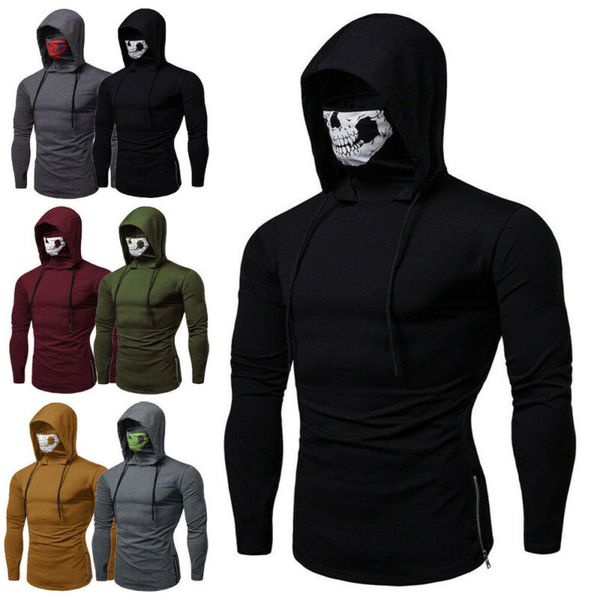 

fashion slim mens gym thin hoodie casual long sleeve hoodies with mask skull sweatshirt, Black