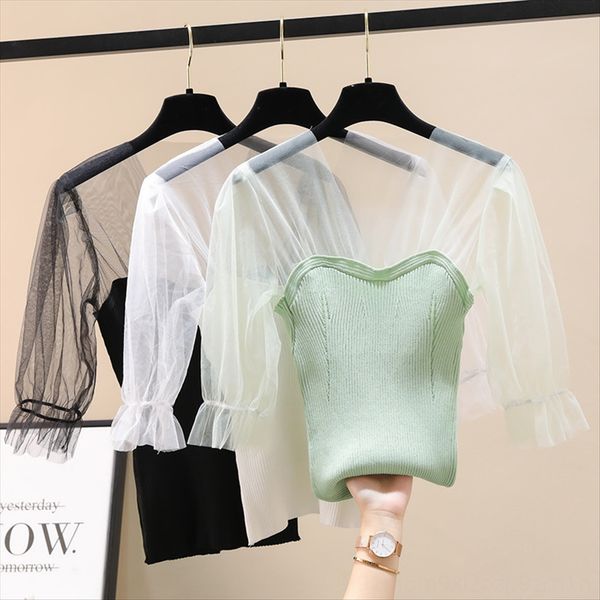 

2020 summer clothes mesh stitching clothing knitwear knitwear hollow thin slim lantern sleeve top, White