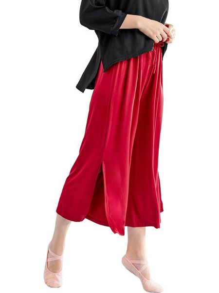 

women girls dance yoga loose pants ballet practice pants adults gym exercise trousers leg with slits, Black;red