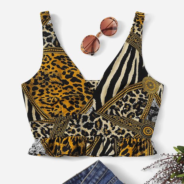 

leopard print pleated vest camis women's casual deep v-neck frill ruffled hem trop short tank vest femme, White