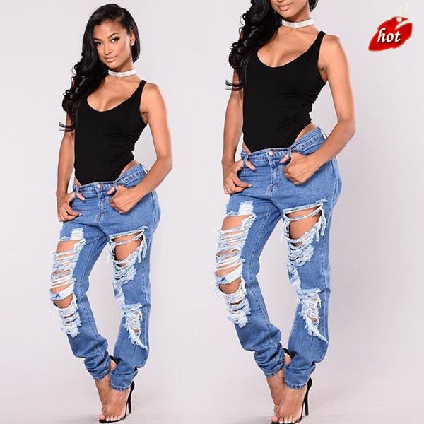 

2018 fashion women hole high waist skinny tight long jeans pencil stretch denim pants ripped casual pants female o8r2, Blue