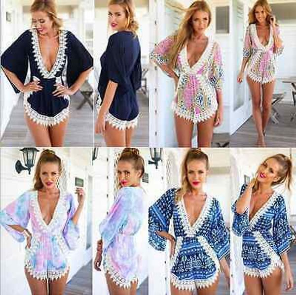 

fashion womens ladies stylish printing long trumpet sleeves v-neck summer casual short lace stitching rompers jumpsuit beachwear, Black;white
