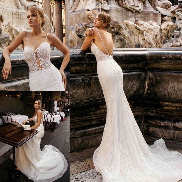 

2019 берта русалка свадебные платья sexy бретельках спинки кружева аппликация свадебные платья развертки поезд богемия boho пляж свадебное п, White