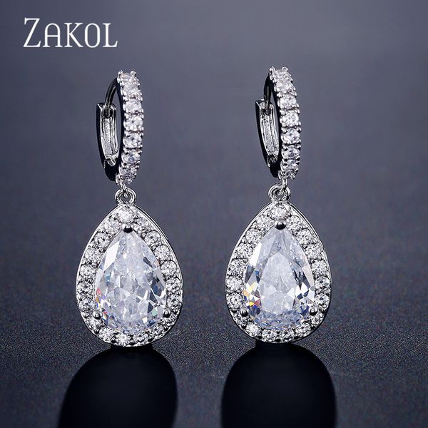 

zakol fashion classic water drop crystal zirconia hoop earrings for women shinny bridal wedding jewelry wholesale fsep2276, Golden;silver