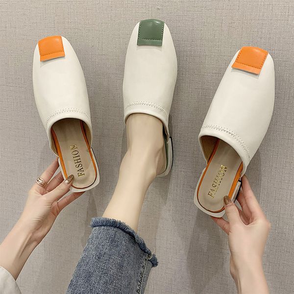 

flat shoes female woman's slippers square toe slides fashion multicolored sandals mules for women 2020 low new block cover, Black