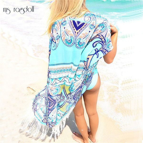 

chiffon bikini cover up long tassel cardigan feminino swim national style print bathing suit cover ups pareo beach tunic sarong, Blue;gray