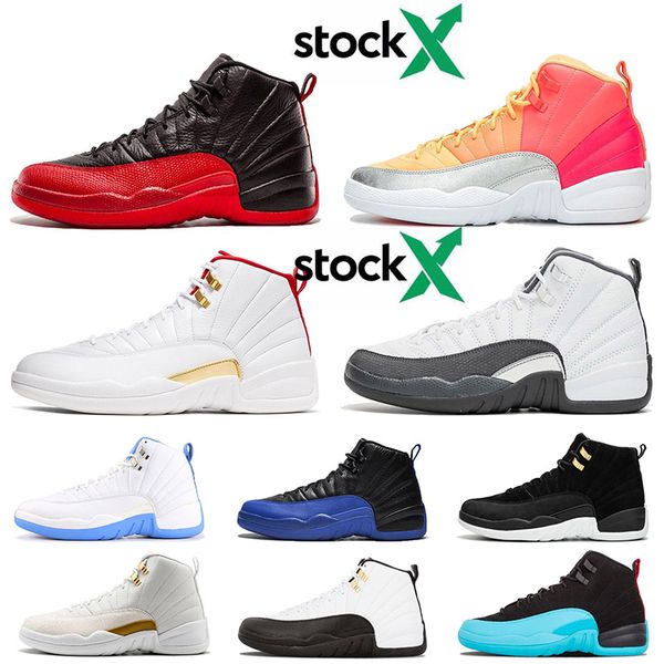 

12s jumpman 12 mens stock x basketball shoes punch game ball dark grey gym red michigan trainers size 47