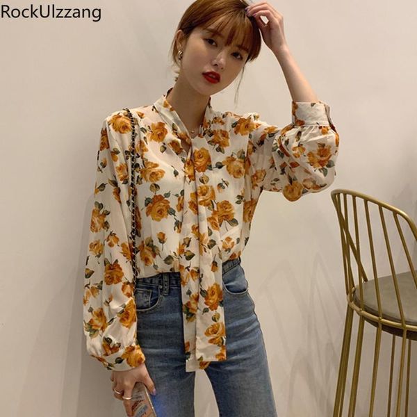 

long sleeve neck tie bow boho vintage flower korean women ladies blouse fashion high streetwear chiffon shirt spring new tee, White