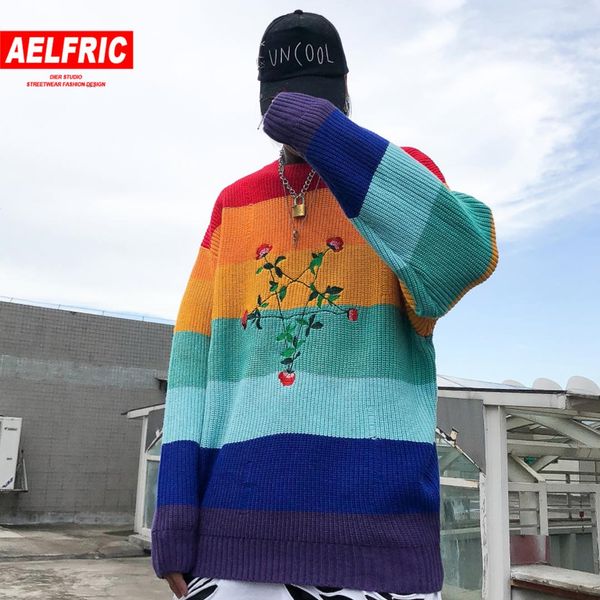 

aelfric patchwork pentagram embroidered knitwear pullover men 2019 harajuku streetwear color clock autumn fashion casual sweater, White;black