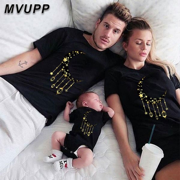 

family looking matches short tshirts ramadan mommy and daughter matching outfits moon printed father and baby son mom girl shirt, Blue