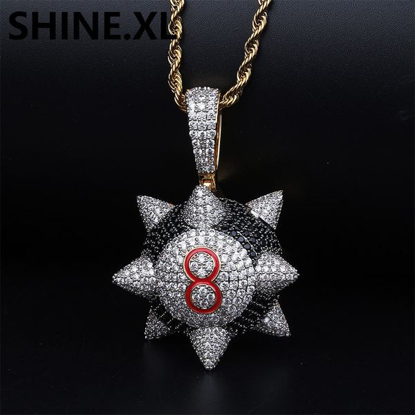 

iced out trippieredd inspired spike 8-ball billiard pendant necklace with stainless steel tennis chain hip hop jewelry, Silver
