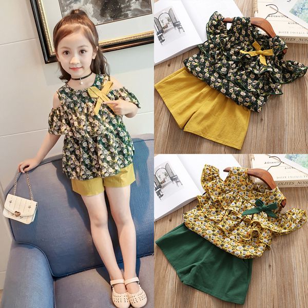 

kids clothes 2 colors girls t-shirt + shorts 2 piece sets kids designer clothes short sleeve printed t-shirt solid shorts jy280, White