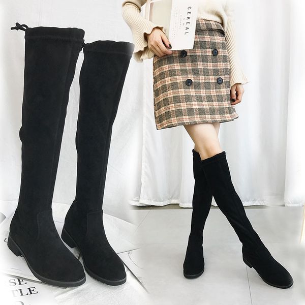 

winter boots lady shoes lace up thigh high heels high boots-women round toe booties ladies 2020 rubber over-the-knee, Black