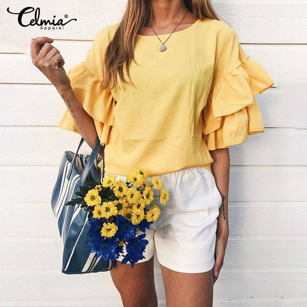 

cemia summer stylish women ruffles blouse female casual half sleeve loose shirts solid work party ladies blusas femininas, White