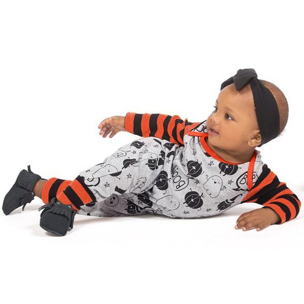 

fashion infant baby girls boys pumpkin print romper cotton o-neck jumpsuit stripe halloween outfits, Blue