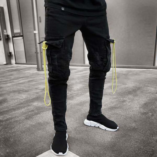 

fashion men jeans hip hop cool streetwear biker multi pockets black skinny jeans slim fit mens clothes pencil, Blue