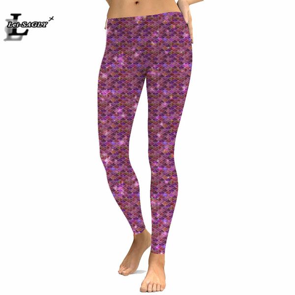 

mermaid 3d compression printed leggings purple stretch fitness roupa women wet look pants plus size workout leggings, Black