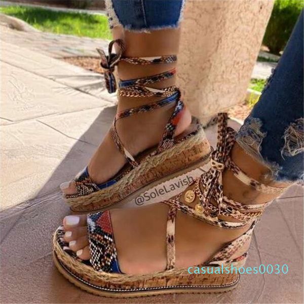 

2020 summer women snake printed sandals platform heels cross strap ankle shoes wholesale shoelaces shoes women sandals 30c, Black