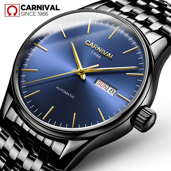 

men's watches carnival automatic mechanical men watch man waterproof double calendar business wristwatch clock, Slivery;brown