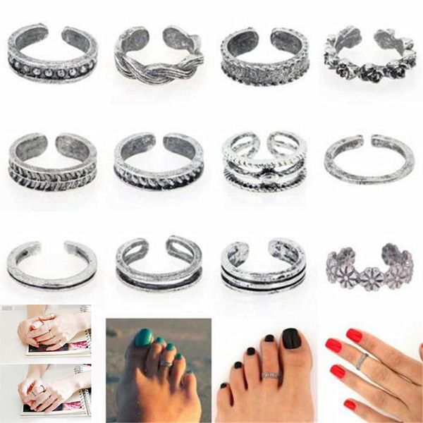 

12pcs/set women lady unique adjustable opening finger ring retro carved toe ring foot beach foot jewelry, Golden;silver