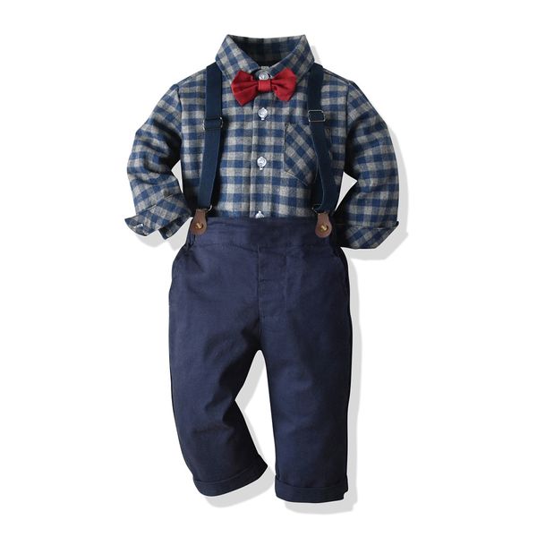 

2 sets children's clothing spring and autumn new boy plaid shirt + trousers + suspenders casual gentleman suit baby birthday party clot, White