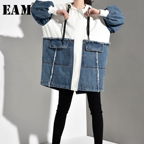 

eam] 2019 new spring autumn hooded long sleeve hit color denim split joint loose big size jacket women coat fashion tide bd4810, Black;brown