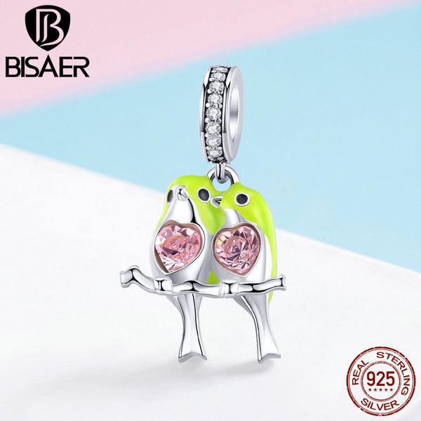 

bisaer 925 sterling silver colorful enamel birds couple pendant charms for original women jewelry making charms bracelet gxc1018, Bronze;silver