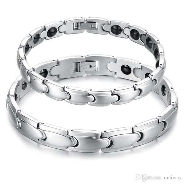 

mens women silver tone sleek stainless steel magnetic therapy bracelet power health care jewelry couples bracelet for him and her, Black