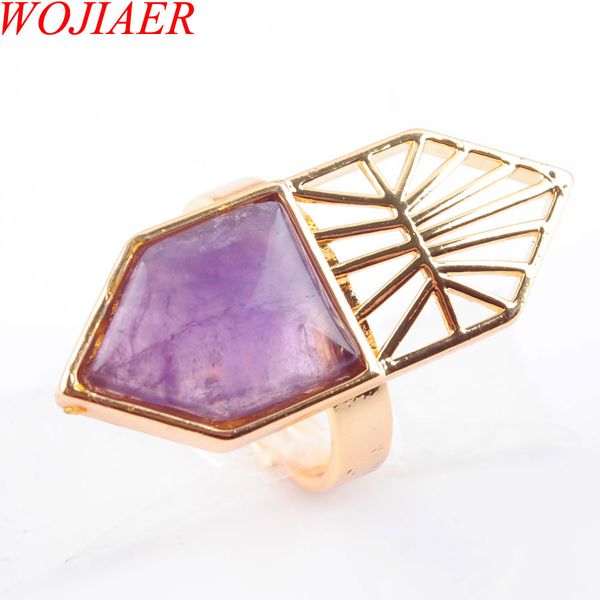 

wojiaer single natural amethyst gemstone finger ring jewelry women geometric nature stones party rings birthday gift for girls dx3002, Golden;silver