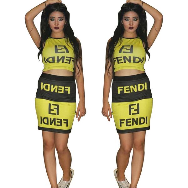 

Women Dress Suits Fen FF Letters Crops Skirts Female Vestidoes Clothes Yellow Black Sets
