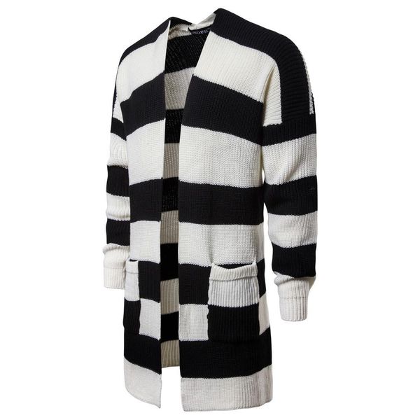 

осенняя мужская цветная куртка-кардиган, мужская одежда, европейская и американская мода длинный черно-белый полосатый свитер ym018, White;black