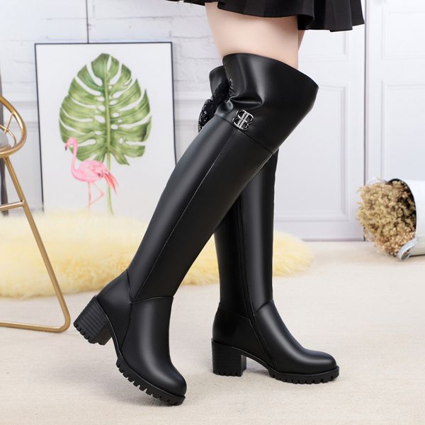 

plus size women's over knee high boots warm cotton winter shoes ladies high heel snow boot party nightclub long bota bottes, Black