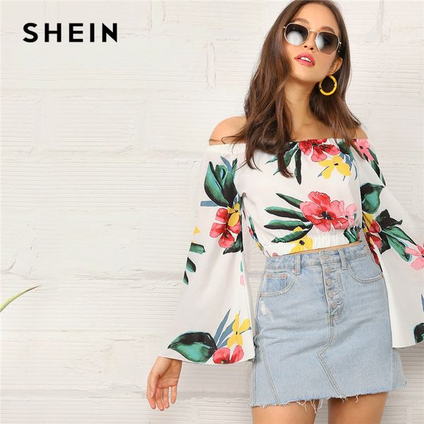 

shein boho white botanical print flare sleeve bardot crop blouse women off the shoulder spring autumn beach style blouses