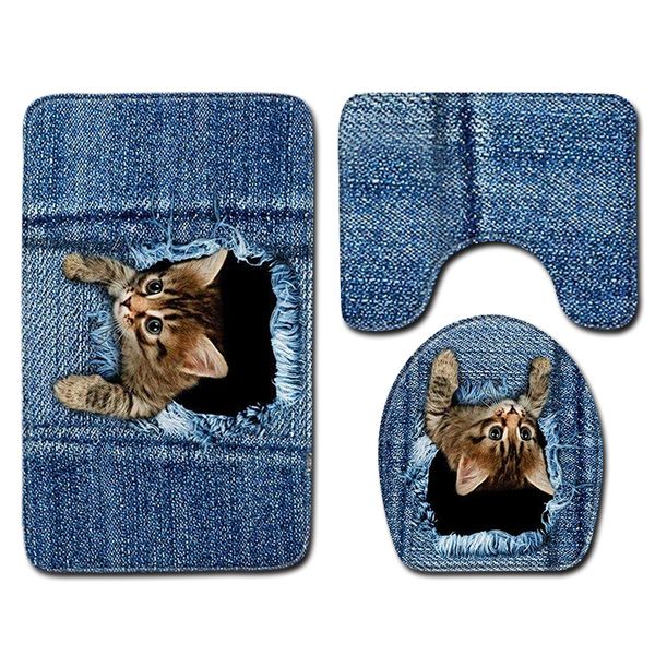 

3 pcs bathroom rug and mat 3d animal cat non-slip bathroom mat set coral fleece shower toilet room carpet rugs bath mats set