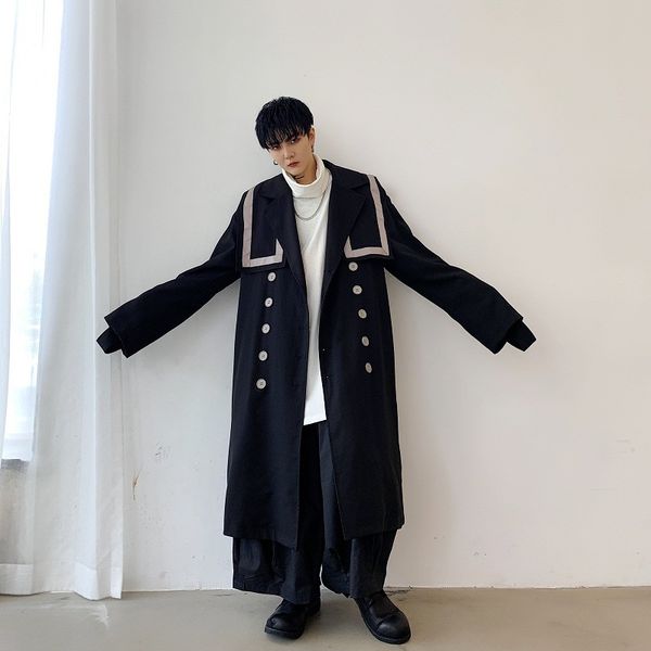 

plus size woman men wrap belt sashes contrast lapel double breasted windbreaker long trench coat slim chaqueta gothic vintage, Tan;black