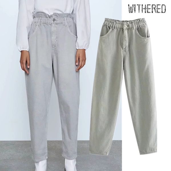 

withered england vintage high street mom jeans woman high waist jeans elastic waist straight regular boyfriend for women, Blue