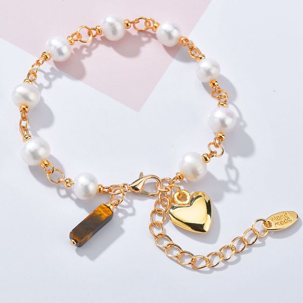 

fashionable simple natural freshwater pearl natural stone peach heart bracelet wild couple alloy bracelet party birthday gift, Golden;silver