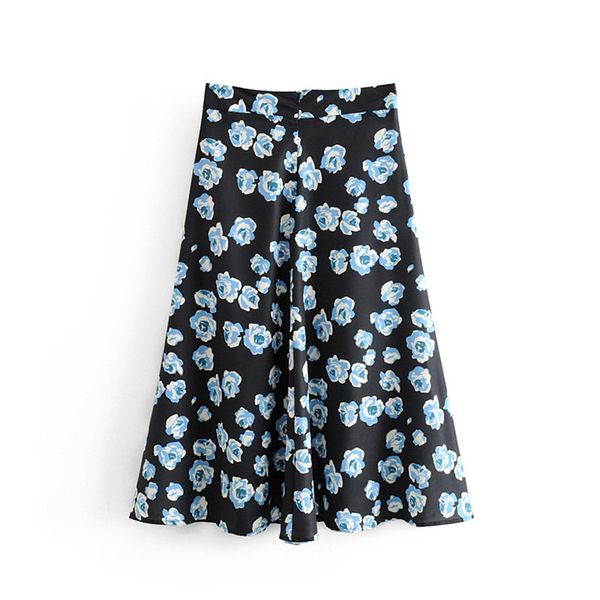 

women vintage floral print midi skirt side zipper female retro mid calf black skirts faldas mujer
