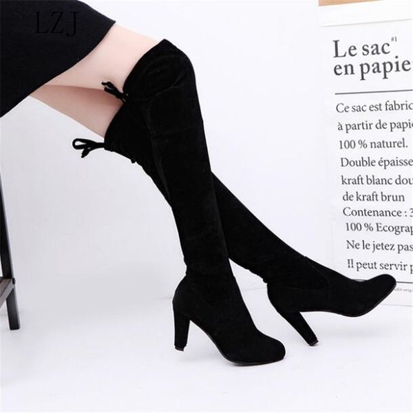 

2019 winter new women's boots over the knee stretch flocking boots set of feet high-heeled shoes slim comfort size 35-43, Black