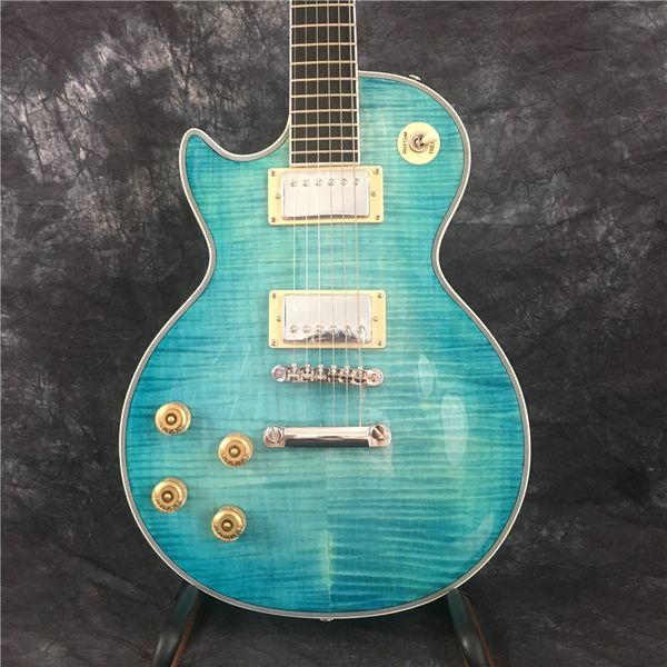 

new arrival, custom shop color blue striped tiger guitar. left hand lp electric guitar rose guitar fingerboard, ing