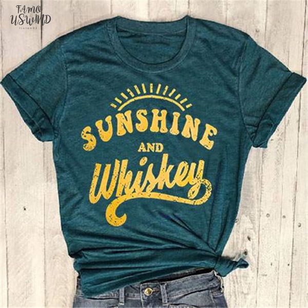 

women t shirt short sleeve dark green polyester tee sunshine and whiskey print o neck t shirt 2020 summer casual female, White
