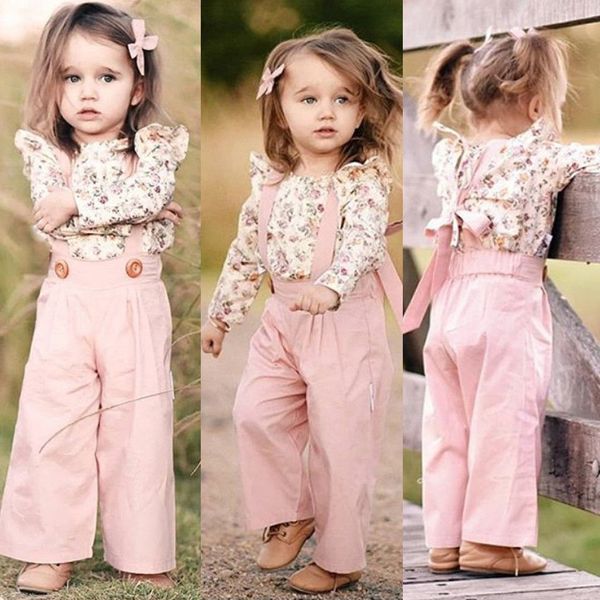 

2pcs toddler kids baby girl winter clothes floral +pants overall outfits sweet girl clothes set, White