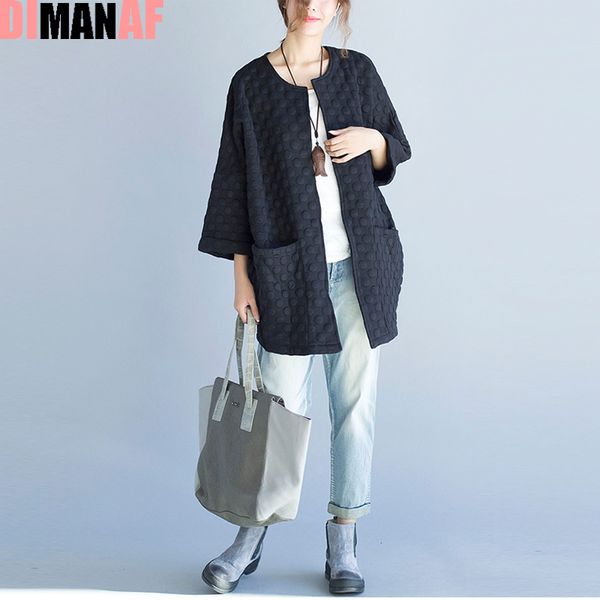 

plus size women jacket basic solid cotton coat spring o-neck polka dot female vintage cardigan loose elegant casual black coat, Black;brown
